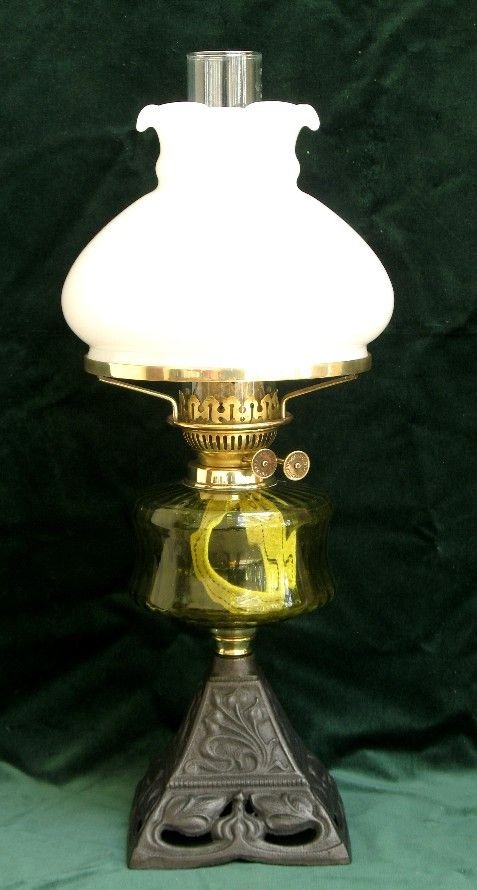 Superb Art Nouveau Victorian Green Glass and Cast Iron Oil Lamp C1890