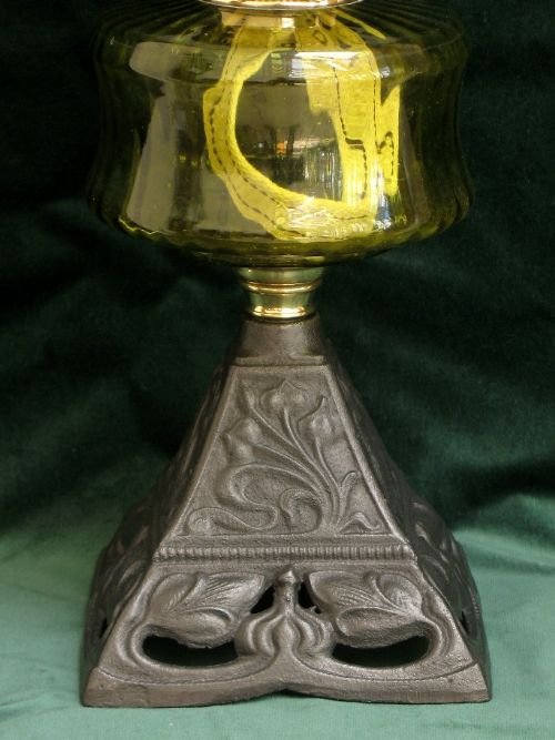 fig 1. SUPERB ART NOUVEAU VICTORIAN GREEN GLASS AND CAST IRON OIL LAMP C1890