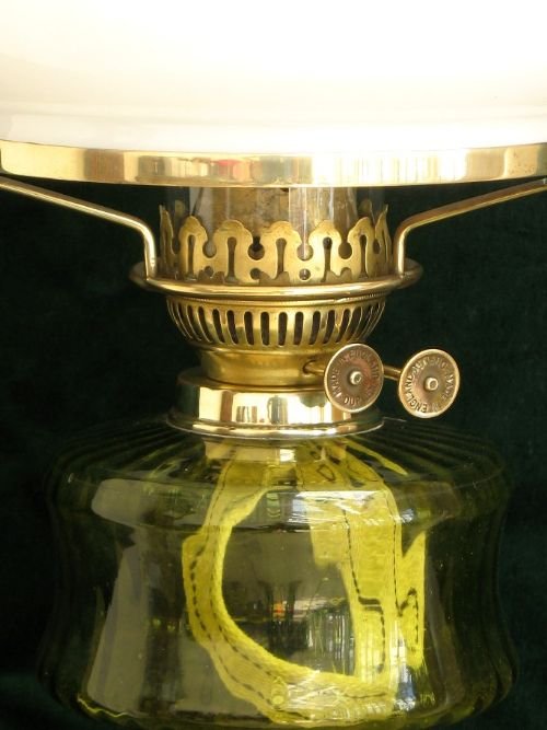 fig 2. SUPERB ART NOUVEAU VICTORIAN GREEN GLASS AND CAST IRON OIL LAMP C1890