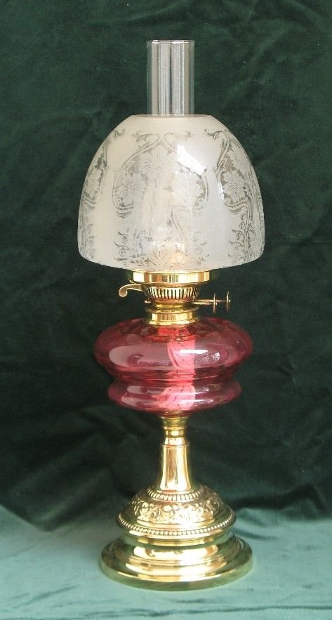 Beautiful Completely Original Victorian Solid Brass and Cranberry Glass Oil Lamp C1880