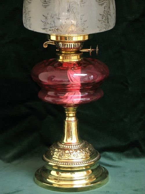fig 2. BEAUTIFUL COMPLETELY ORIGINAL VICTORIAN SOLID BRASS AND CRANBERRY GLASS OIL LAMP C1880