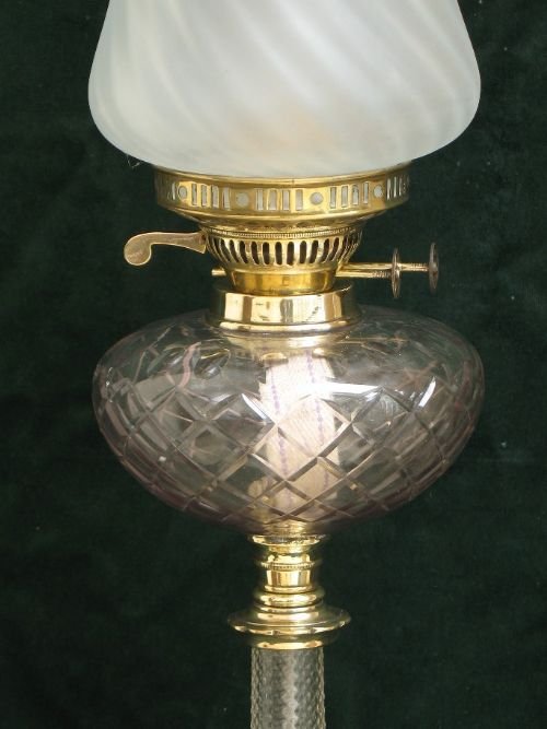 fig 1. RARE STUNNING TALL VICTORIAN SOLID BRASS AND AMETHYST CUT GLASS OIL LAMP C1890