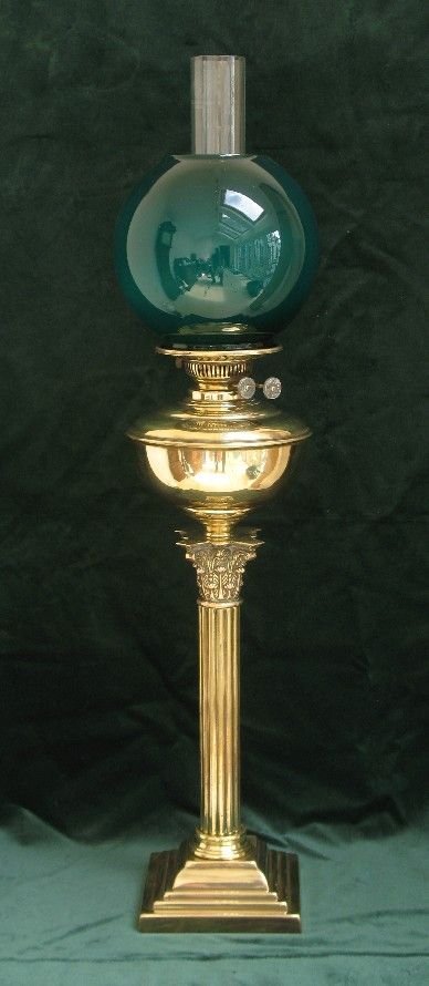 Beautiful Tall Victorian Solid Brass and Green Glass Oil Lamp C1890