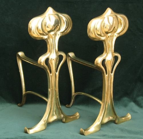fig 1. STUNNING RARE LARGE PAIR OF ORIGINAL ART NOUVEAU VICTORIAN FIRE DOGS ANDIRONS C1880