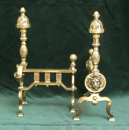 fig 1. BEAUTIFUL GENUINE VICTORIAN LARGE PAIR OF SOLID BRASS FIRE DOGS OR ANDIRONS AND COMPANION SET C1880