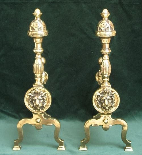 fig 2. BEAUTIFUL GENUINE VICTORIAN LARGE PAIR OF SOLID BRASS FIRE DOGS OR ANDIRONS AND COMPANION SET C1880