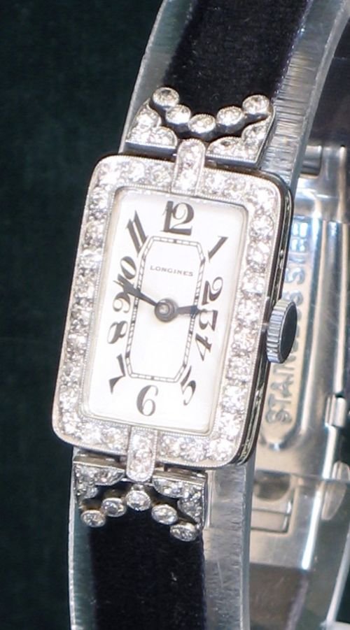 fig 1. EXQUISITE LONGINES PLATINUM AND DIAMOND ART DECO LADIES COCKTAIL WATCH C1940