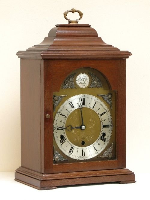 Beautiful English Mahogany Bracket Mantle Clock by Elliott, Full Westminster and Whittington Chimes.
