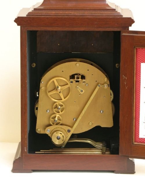 fig 3. BEAUTIFUL ENGLISH MAHOGANY BRACKET MANTLE CLOCK BY ELLIOTT, FULL WESTMINSTER AND WHITTINGTON CHIMES.