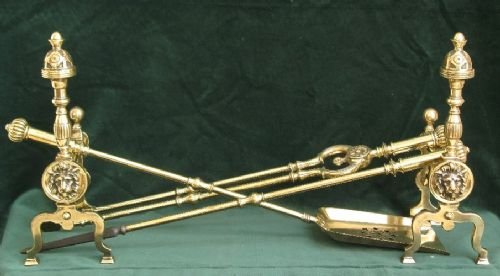Beautiful Genuine Victorian Large Pair of Solid Brass Fire Dogs or Andirons and Companion Set C1880