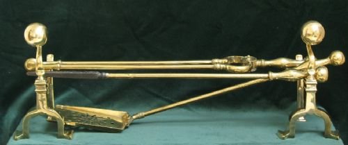 Beautiful Genuine Victorian Solid Brass Companion Set and Fire Dogs or Andirons C1890