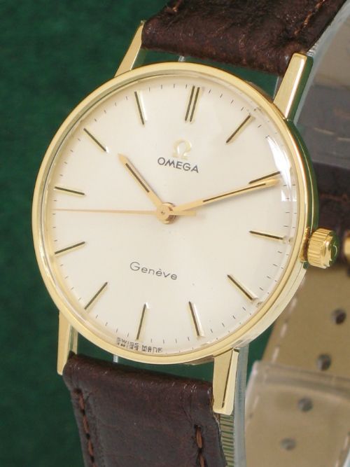 fig 1. STUNNING RARE SOLID 18ct GOLD OMEGA GENEVE CAL 600 MENS WATCH WITH BOX