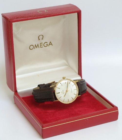 fig 3. STUNNING RARE SOLID 18ct GOLD OMEGA GENEVE CAL 600 MENS WATCH WITH BOX