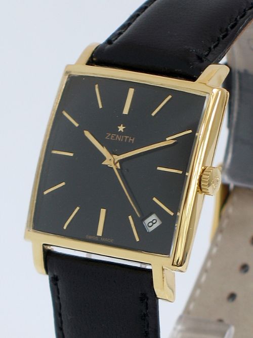 fig 1. EXTREMELY RARE SOLID 18CT SQUARE BLACK DIAL ZENITH CAL 2542 MENS WATCH