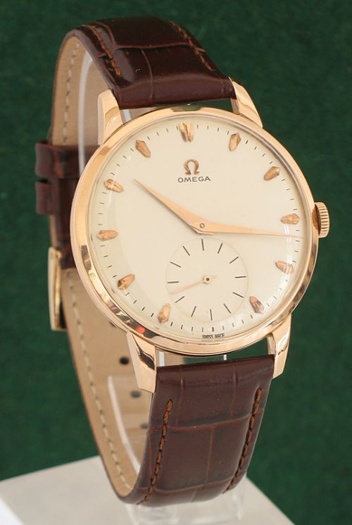 fig 1. STUNNING RARE SOLID 18ct ROSE GOLD OMEGA OVERSIZE CAL 266 MENS WATCH 1952-3