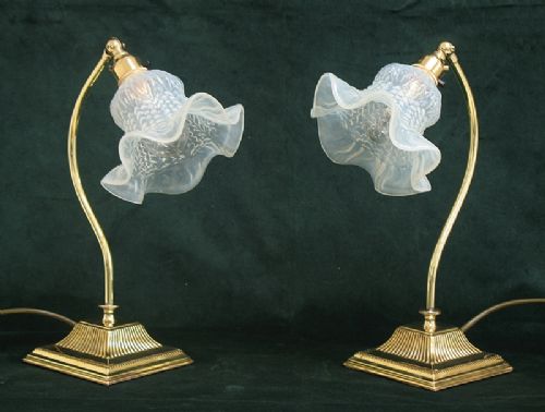 Beautiful Pair Solid Brass with Vaseline Glass Shades Desk or Table Lamps