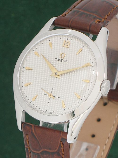 fig 1. SOLID STAINLESS STEEL OMEGA TEXTURED DIAL CALIBRE 266 MENS WATCH WITH ORIGINAL PAPERWORK C1953-4