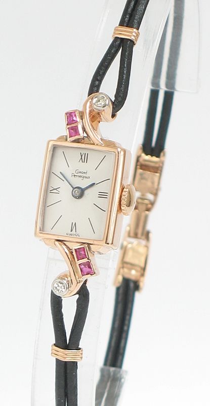 fig 1. BEAUTIFUL SOLID 14CT ROSE GOLD WITH DIAMONDS AND RUBIES LADIES GIRARD PERREGAUX COCKTAIL WATCH C1950