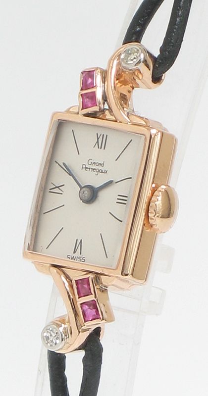 fig 2. BEAUTIFUL SOLID 14CT ROSE GOLD WITH DIAMONDS AND RUBIES LADIES GIRARD PERREGAUX COCKTAIL WATCH C1950
