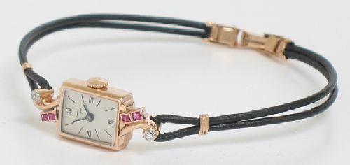 fig 3. BEAUTIFUL SOLID 14CT ROSE GOLD WITH DIAMONDS AND RUBIES LADIES GIRARD PERREGAUX COCKTAIL WATCH C1950