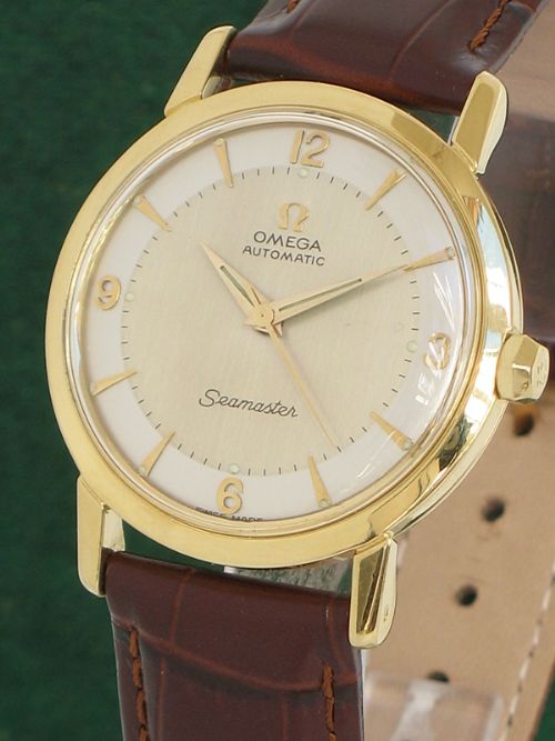 fig 1. SUPERB SOLID 18CT GOLD OMEGA SEAMASTER AUTOMATIC TWO TONE DIAL MENS WATCH C1958-59