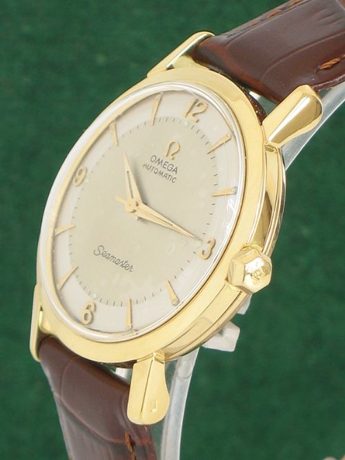 fig 4. SUPERB SOLID 18CT GOLD OMEGA SEAMASTER AUTOMATIC TWO TONE DIAL MENS WATCH C1958-59