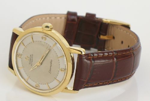 fig 6. SUPERB SOLID 18CT GOLD OMEGA SEAMASTER AUTOMATIC TWO TONE DIAL MENS WATCH C1958-59