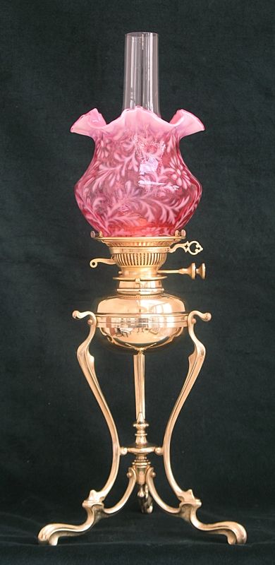 Beautiful Victorian Brass and Cranberry Glass Oil Lamp C1890