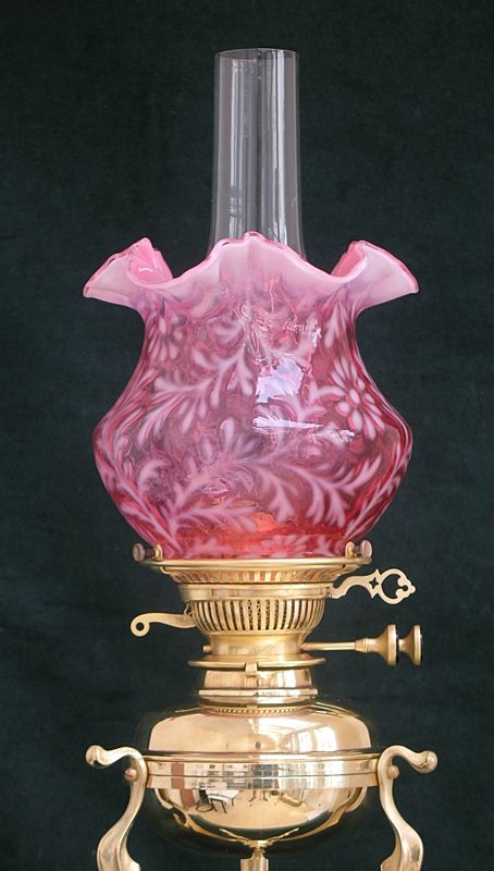 fig 1. BEAUTIFUL VICTORIAN BRASS AND CRANBERRY GLASS OIL LAMP C1890