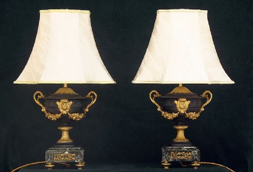 Pair of French Gilt and Marble Urn Table or Desk Lamps C1870