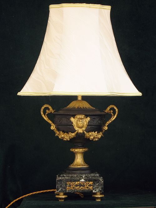 fig 1. PAIR OF FRENCH GILT AND MARBLE URN TABLE OR DESK LAMPS C1870