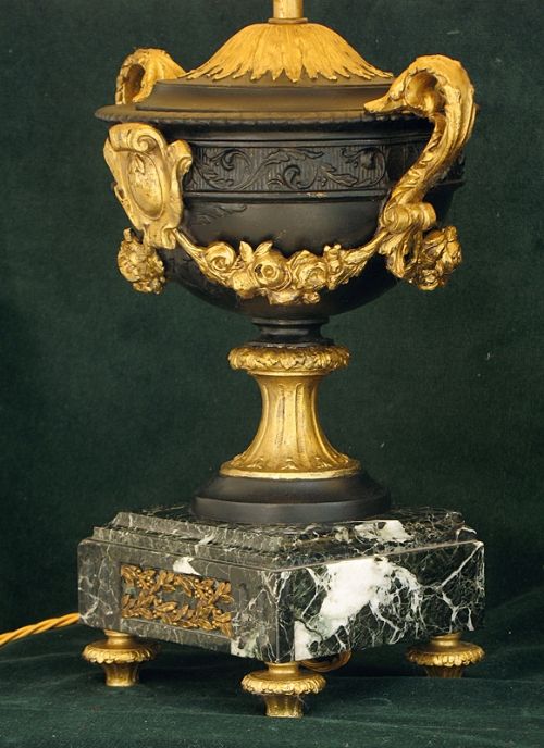 fig 3. PAIR OF FRENCH GILT AND MARBLE URN TABLE OR DESK LAMPS C1870