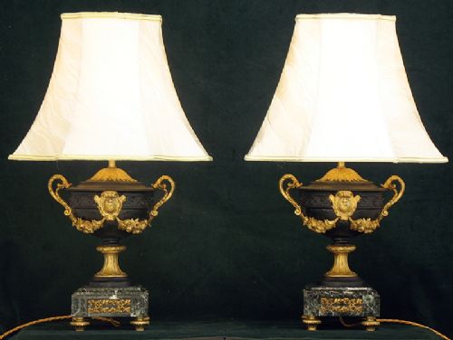 fig 4. PAIR OF FRENCH GILT AND MARBLE URN TABLE OR DESK LAMPS C1870