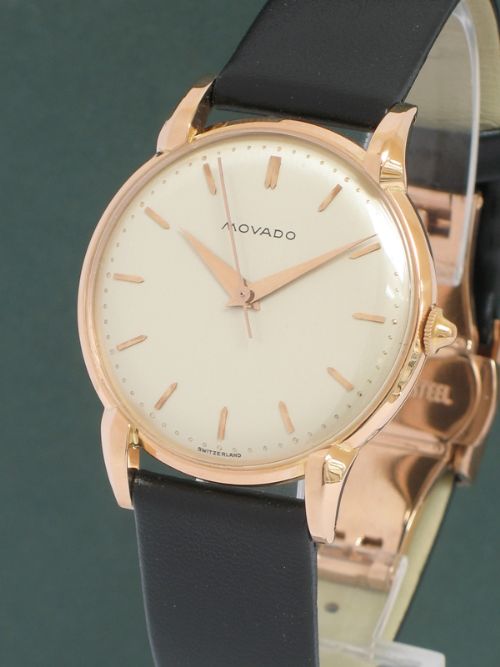 fig 1. RARE ORIGINAL MINT CONDITION SOLID 18CT ROSE GOLD MOVADO MENS WATCH C1946