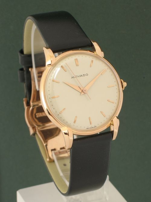 fig 3. RARE ORIGINAL MINT CONDITION SOLID 18CT ROSE GOLD MOVADO MENS WATCH C1946