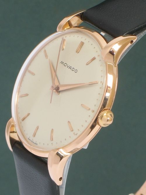 fig 5. RARE ORIGINAL MINT CONDITION SOLID 18CT ROSE GOLD MOVADO MENS WATCH C1946