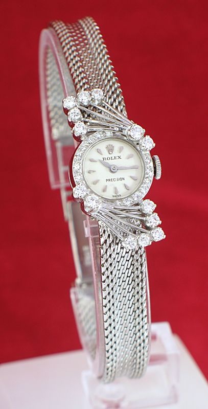 fig 1. EXQUISITE ROLEX PRECISION 18CT WHITE GOLD AND DIAMOND LADIES COCKTAIL WATCH C1955