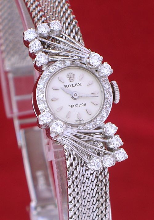 fig 2. EXQUISITE ROLEX PRECISION 18CT WHITE GOLD AND DIAMOND LADIES COCKTAIL WATCH C1955