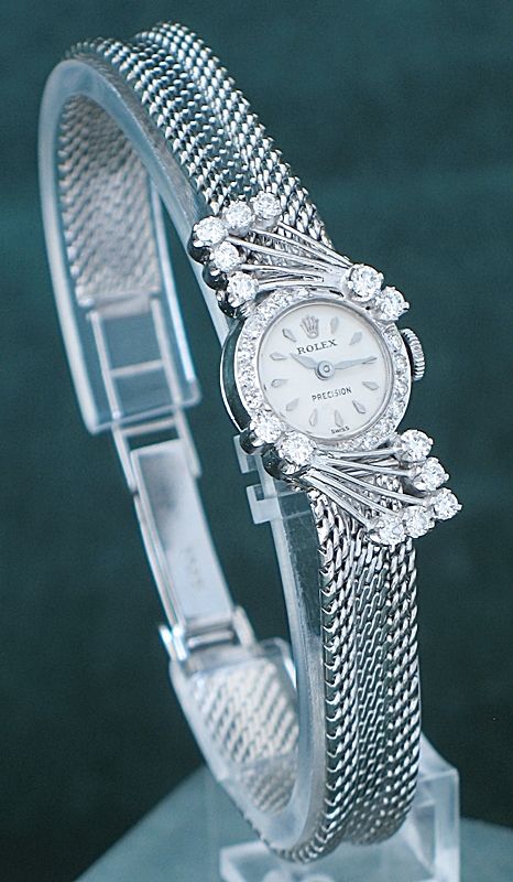 fig 6. EXQUISITE ROLEX PRECISION 18CT WHITE GOLD AND DIAMOND LADIES COCKTAIL WATCH C1955