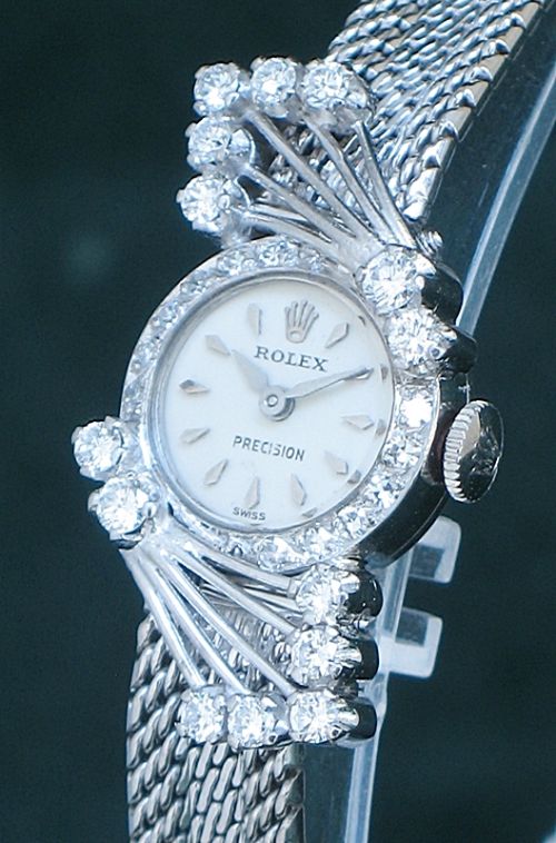 fig 7. EXQUISITE ROLEX PRECISION 18CT WHITE GOLD AND DIAMOND LADIES COCKTAIL WATCH C1955