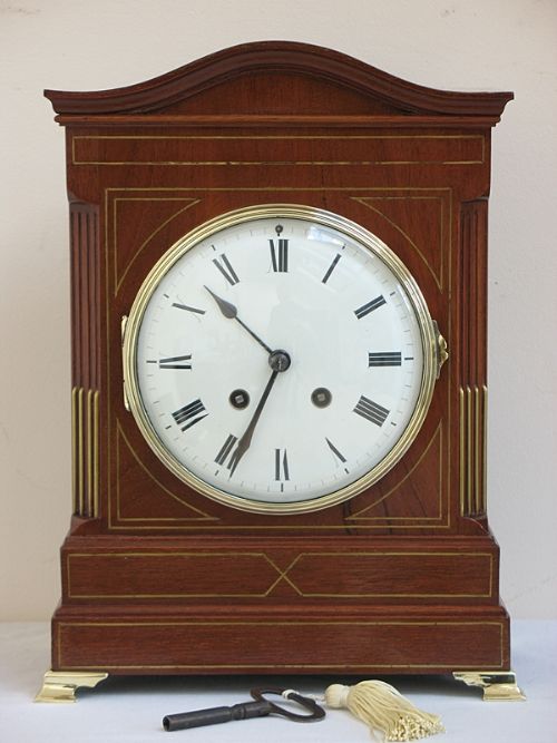 Lovely Victorian French Mahogany and Brass Inlay Mantel Clock by Samuel Marti C1900