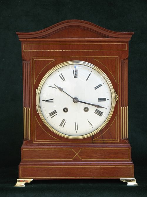 fig 1. LOVELY VICTORIAN FRENCH MAHOGANY AND BRASS INLAY MANTEL CLOCK BY SAMUEL MARTI C1900