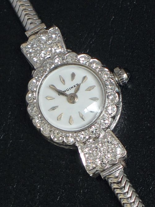 fig 1. DEVINE LONGINES ART DECO PLATINUM AND DIAMOND LADIES COCKTAIL WATCH C1957