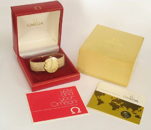 fig 8. SUPERB RARE SOLID 9CT GOLD OMEGA AUTOMATIC MENS WATCH WITH BOXES AND PAPERS