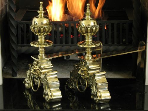 fig 2. IMPRESSIVE LARGE PAIR OF SOLID BRASS FRENCH VICTORIAN CHENETS OR FIRE DOGS C1850