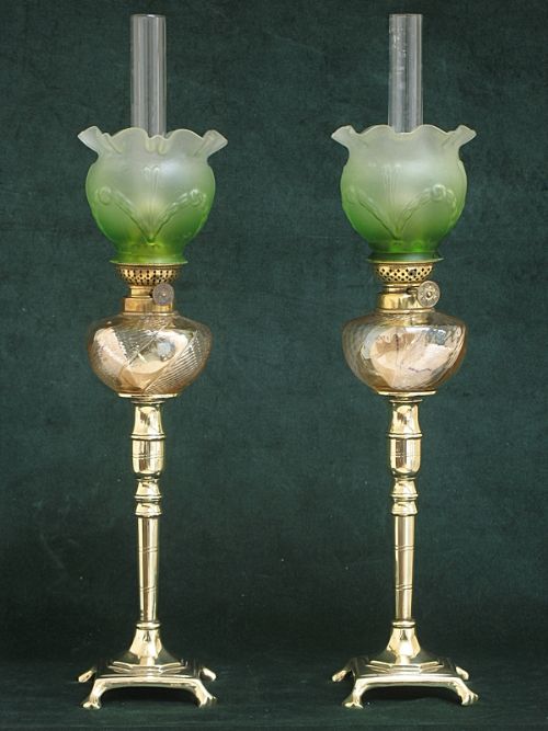 Rare Pair of Victorian French Art Nouveau Piano or Peg Oil Lamps C1880