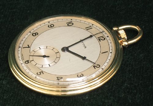 fig 1. RARE MINT CONDITION SOLID 9CT GOLD GENUINE CYMA TAVANNES SLIMLINE ART DECO POCKET WATCH C1939