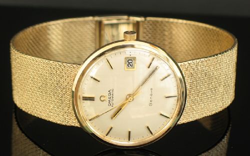 fig 2. STUNNING SOLID 9CT GOLD OMEGA GENEVE AUTOMATIC QUICK SET DATE MENS WATCH WITH BOX