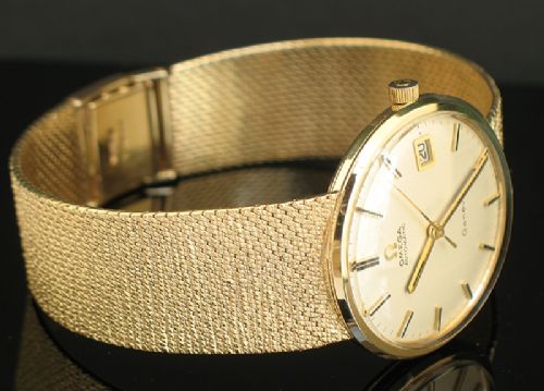 fig 8. STUNNING SOLID 9CT GOLD OMEGA GENEVE AUTOMATIC QUICK SET DATE MENS WATCH WITH BOX