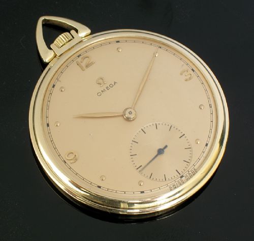 fig 1. SOLID 14CT GOLD OMEGA MENS ART DECO POCKET WATCH C1944